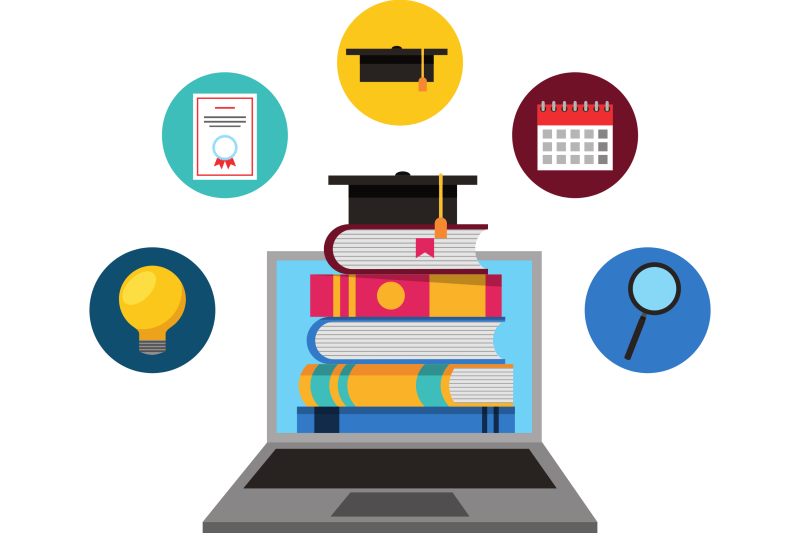Image of a laptop and books surrounded by study-related icons