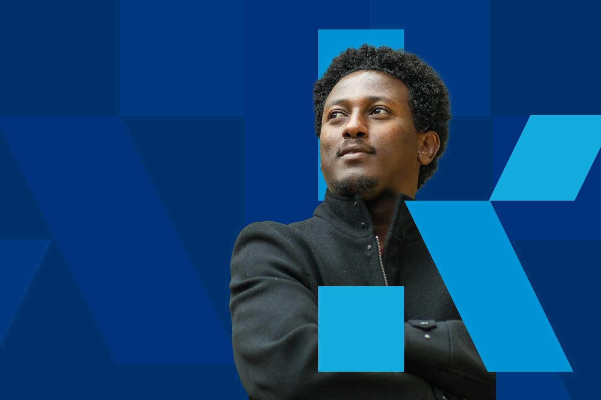 a graphic of a  Newman student